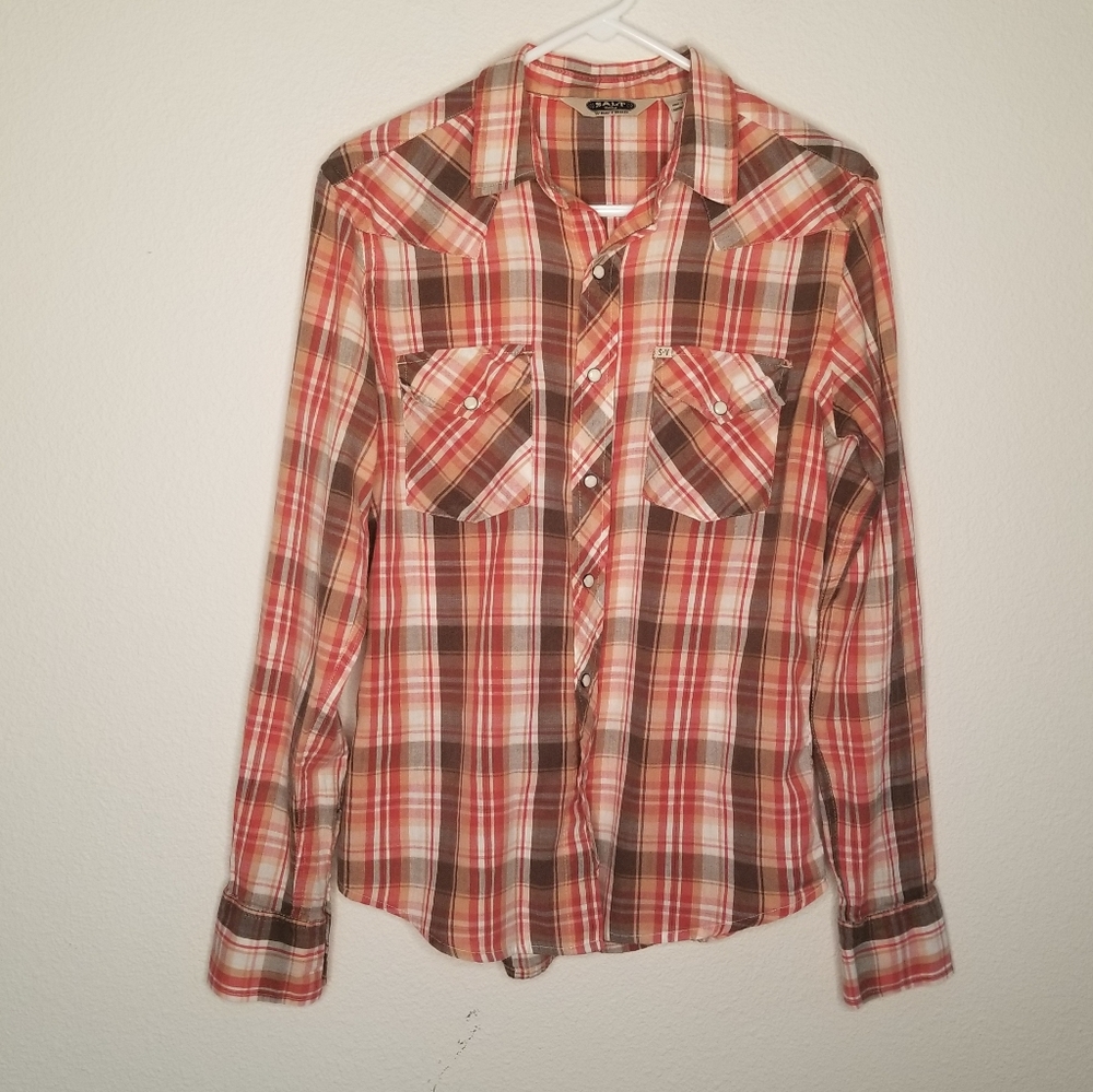 Vintage Salt Valley Western 100% Cotton Shirt Madras Plaid Brown Orange S